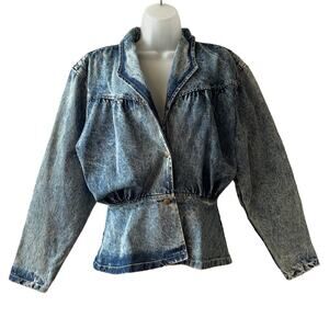 VINTAGE 90s Paris Blues Acid Wash Denim Bomber Jacket with Peplum Size Small
